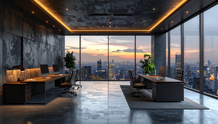 Modern office interior with panoramic city view. 3D Renderingの素材
