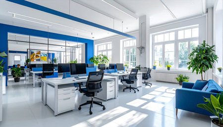 Interior of modern office with blue and white walls, white floor and rows of computer tables. 3d renderingの素材