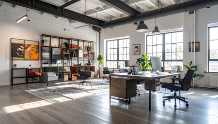Modern office interior with a lot of furniture and equipment. Nobody insideの素材