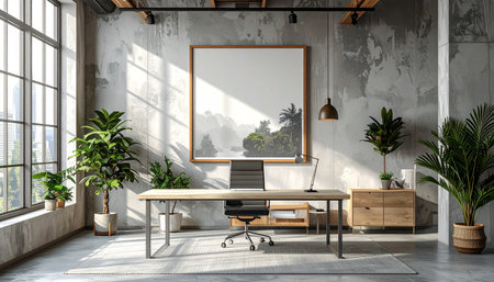 Interior of modern office with wooden and concrete walls, concrete floor, comfortable computer table and white mock up poster frame. 3d renderingの素材