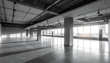 interior of modern office building with large windows and white floor.の素材