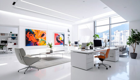 modern office with white walls, white computer tables and orange armchairsの素材