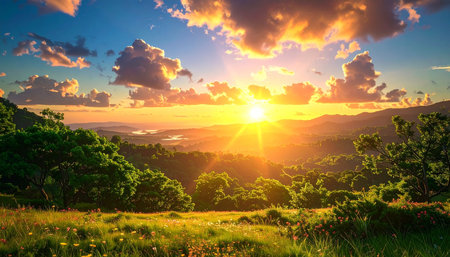 Beautiful sunset in the mountains. Panoramic view of the hills and meadows.の素材
