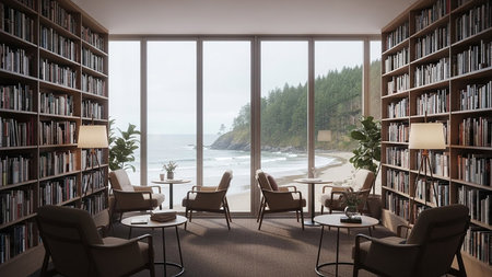 Bookshelf with books on the background of the sea. 3d renderingの素材