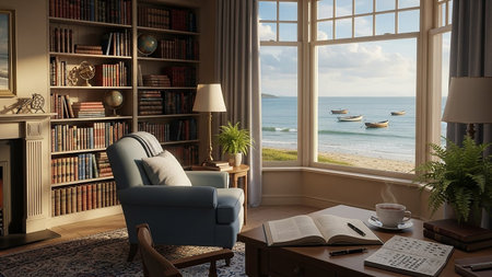 Cozy living room with bookcase, armchair, coffee cup, bookshelf and sea viewの素材
