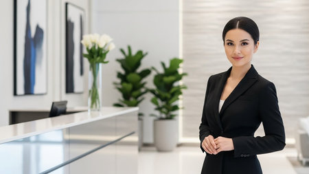 Portrait of a beautiful businesswoman standing in the office lobby.の素材