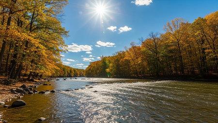 Autumn Landscape of the river and forest on a sunny dayの素材