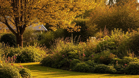 Autumnal garden with colorful trees and grass in a sunny dayの素材