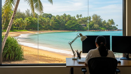 Woman working on computer at home office with tropical beach and sea viewの素材