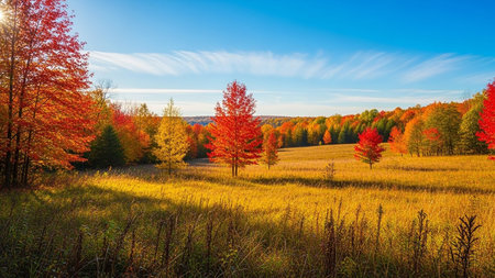 Autumn landscape with colorful forest and meadow at sunny day.の素材