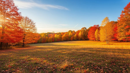 Autumn landscape with colorful forest and meadow at sunset time.の素材
