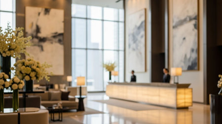 Blurred image of lobby in hotel for background uses. Intentionally blurred post production for bokeh effectの素材