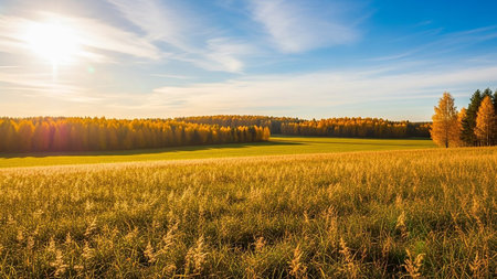 Sunset or sunrise over a field with grass and forest in the background.の素材