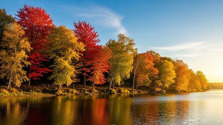 Beautiful autumn landscape with colorful trees on the lake shore at sunsetの素材