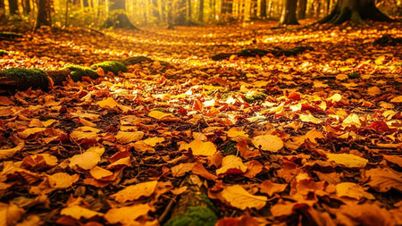 Autumn forest with fallen leaves in the sunlight. Beautiful nature backgroundの素材