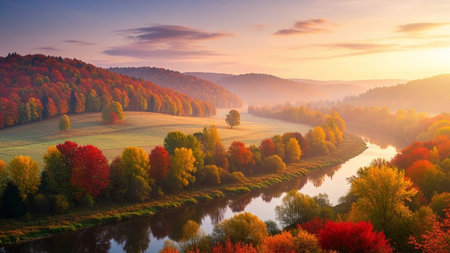 Colorful autumn landscape with river and foggy forest at sunrise.の素材