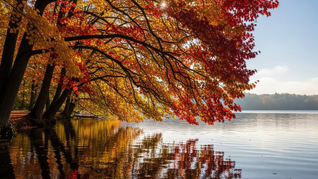 Beautiful autumn landscape with colorful trees and lake in the park.の素材