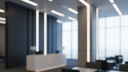 Blurred office lobby interior with reception desk and empty space for your textの素材