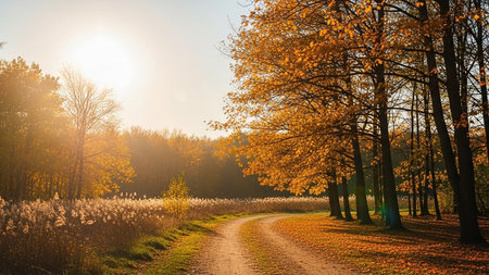 Autumnal road in the park at sunset. Nature background.の素材
