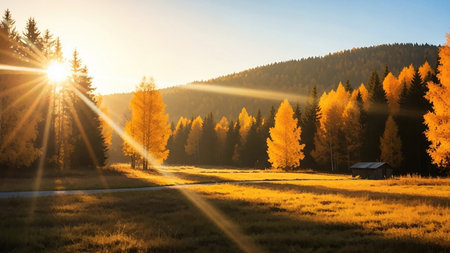 Sunset in the autumn coniferous forest. Carpathians, Ukraineの素材