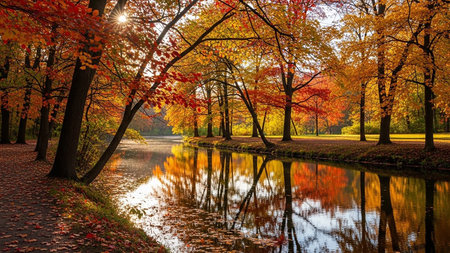 Beautiful autumn landscape with river and colorful trees in the park.の素材