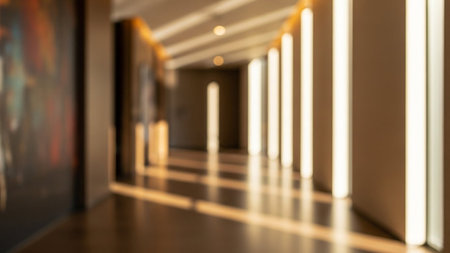 Abstract blur background of interior of modern office building with light bokehの素材