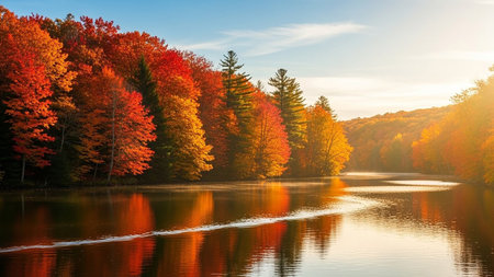 Colorful autumn forest reflected in the lake. Colorful trees on the shore.の素材