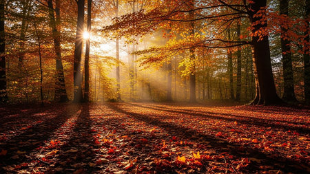 Sunlight in the autumn forest. Beautiful landscape with sunbeamsの素材