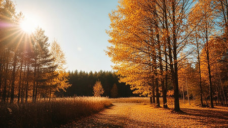 Autumnal landscape in the park with yellow trees and sun raysの素材