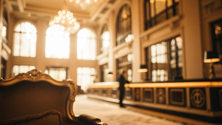 Blurred background of luxury hotel lobby interior - Vintage filter effect processingの素材