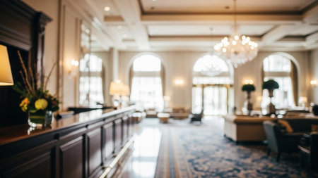 Abstract blur hotel lobby interior for background - Vintage Light filter processing styleの素材