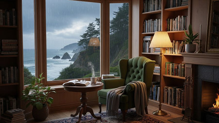 Cozy reading room with green armchair, coffee table, bookshelf and sea view.の素材