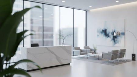 White reception desk in modern office with glass walls, panoramic windows and plants. 3d renderingの素材