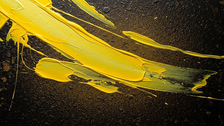 Yellow paint brush stroke on a black background. Abstract background for design.の素材