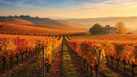 Autumn vineyards in Tuscany, Italy. Vineyards at sunset.の素材