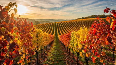 Autumn vineyard with red and yellow leaves at sunset in Germanyの素材