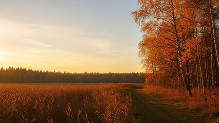 Sunset or sunrise in a field with grass and trees in autumn colorsの素材