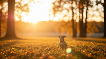 Dog in the park at sunset. Jack Russell Terrier in the autumn park.の素材