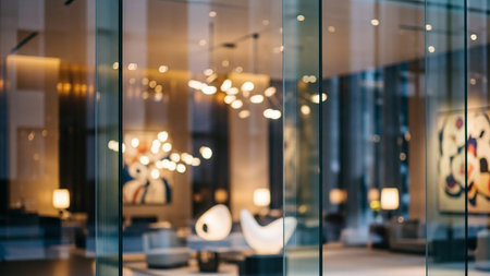 Blurred background of modern luxury hotel lobby interior with glass walls.の素材