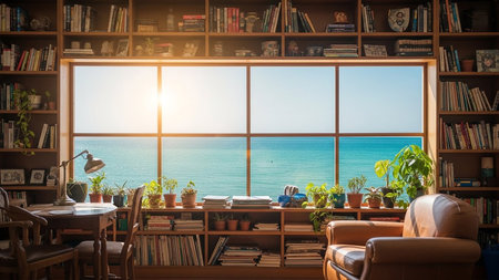 Cozy living room with bookshelves and sea view from windowの素材