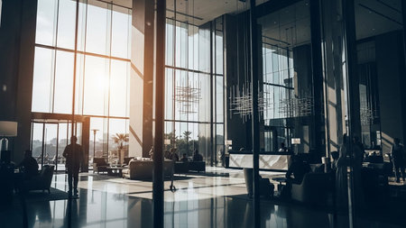 Interior of a modern office building, silhouettes of people.の素材