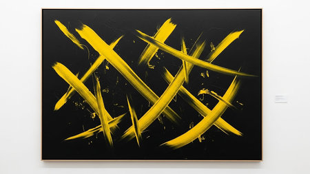 Art exhibition in modern art gallery. Abstract painting on the wall.の素材