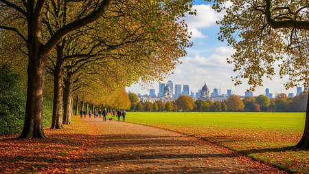 People walking in Hyde Park in Autumn, London, UKの素材
