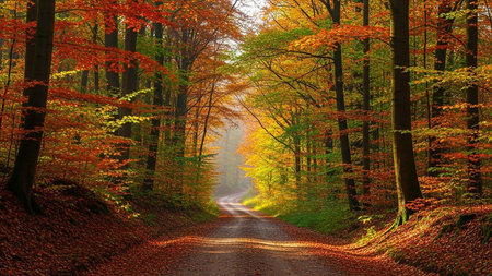 Autumn forest road with colorful leaves in the morning, nature seriesの素材