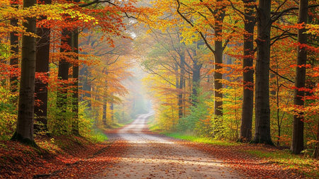 Autumnal road in the forest with colorful trees and leaves.の素材