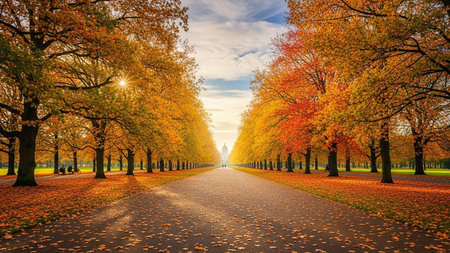 Autumnal alley in the park with fallen leaves. Beautiful autumn landscape.の素材