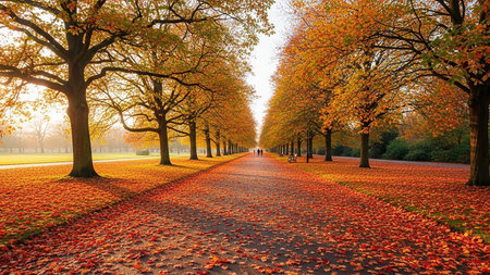 Autumn in the park with fallen leaves on the ground. Beautiful autumn landscape.の素材