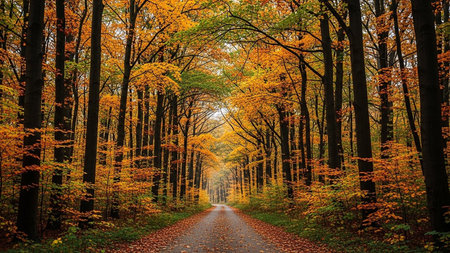 Autumn landscape with road through the forest. Autumn in the forestの素材