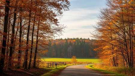 Road in the autumn forest. Beautiful fall landscape with road and treesの素材