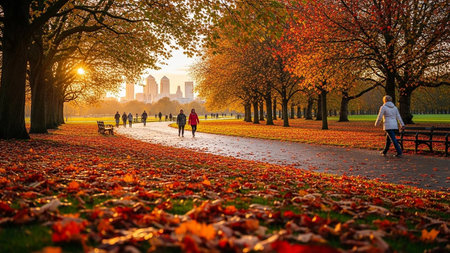 People walk in Central Park in New York City at sunset.の素材